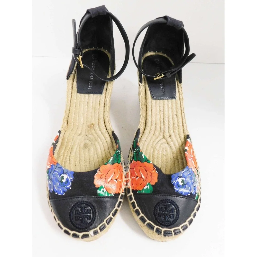 Tory Burch‎ Floral Espadrille Wedge Logo Toe Cap Sandals 7